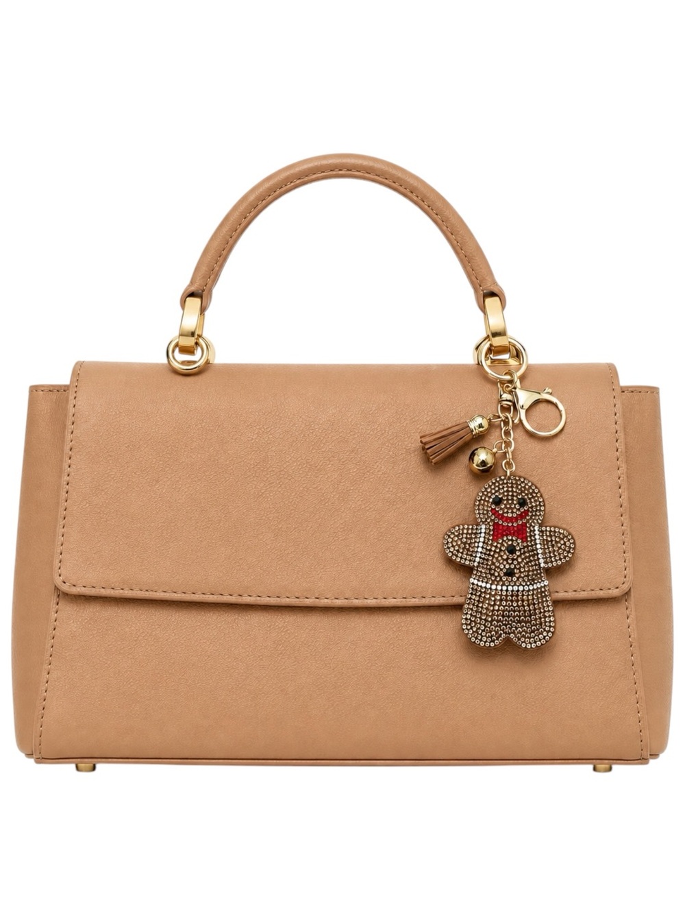 Gingerbread Brown Allover Rhinestone & Gold Christmas 3" Keychain Bag Charm